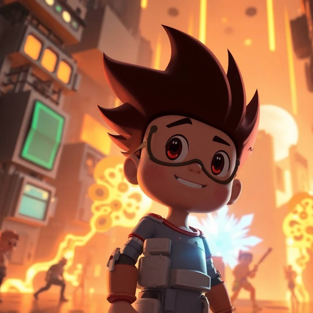 A high-resolution stock photo of an epic, amazing, large-scale cartoon scene, featuring modern future elements, heroic imagery, lens glow lighting, and a professional commercial quality