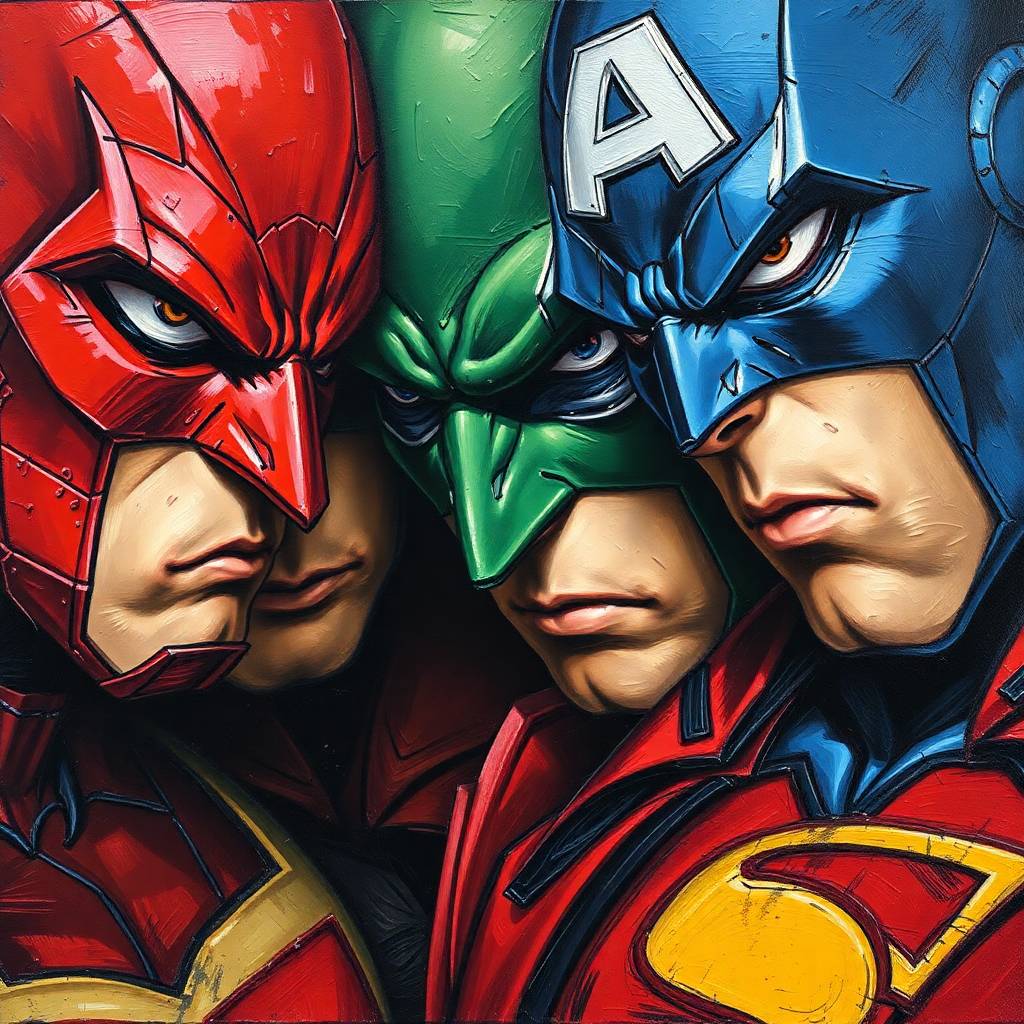 A tight close-up oil painting of superheroes, showcasing rich textures, visible brushstrokes, and detailed focus, in a classic style