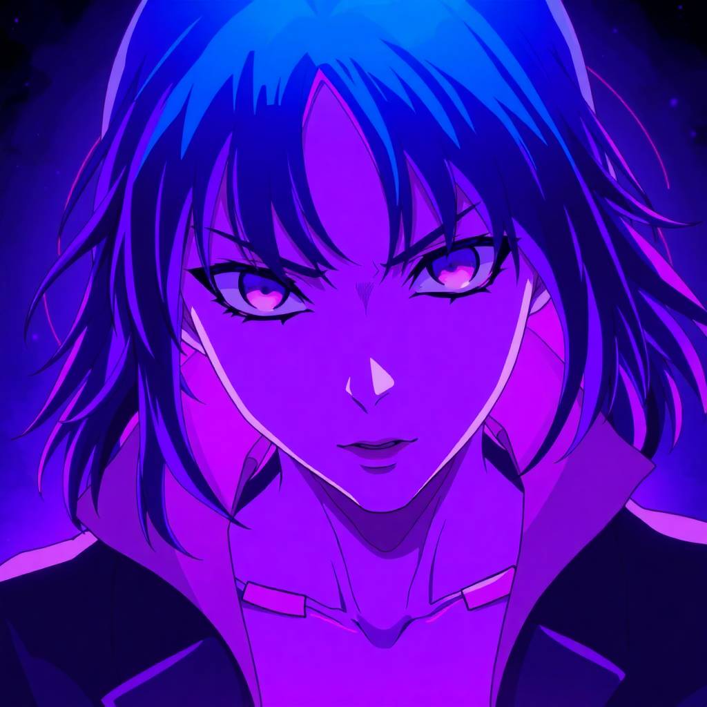 Anime illustration using deep ultraviolet hues, intense dramatic lighting, high contrast to create tension, vivid purples, and sharp lines