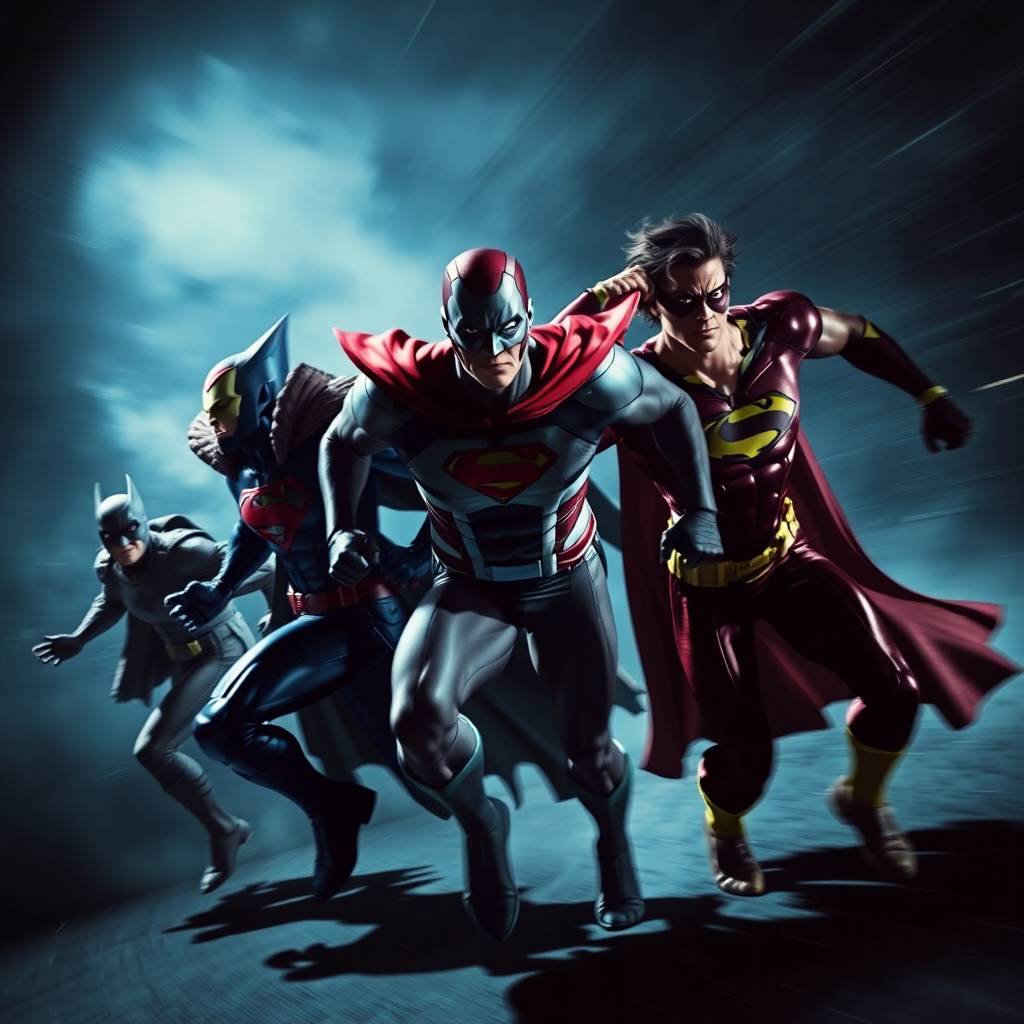 Dynamic superheroes in motion, captured with high contrast and low-key lighting. Deep shadows accentuate dramatic action poses, with blurred lines suggesting movement